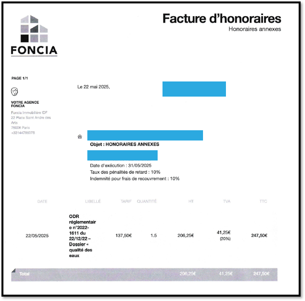 La facture illégale de FONCIA concernant le dossier « qualité des eaux »